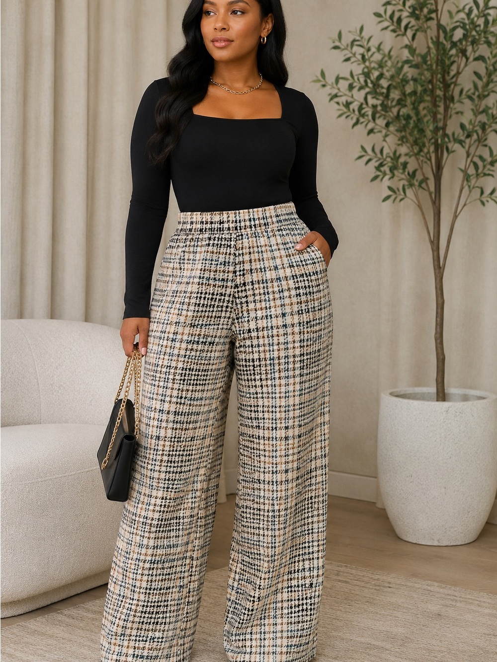 H&M Houndstooth Plaid Wide-Leg Trousers- SIZE MEDIUM